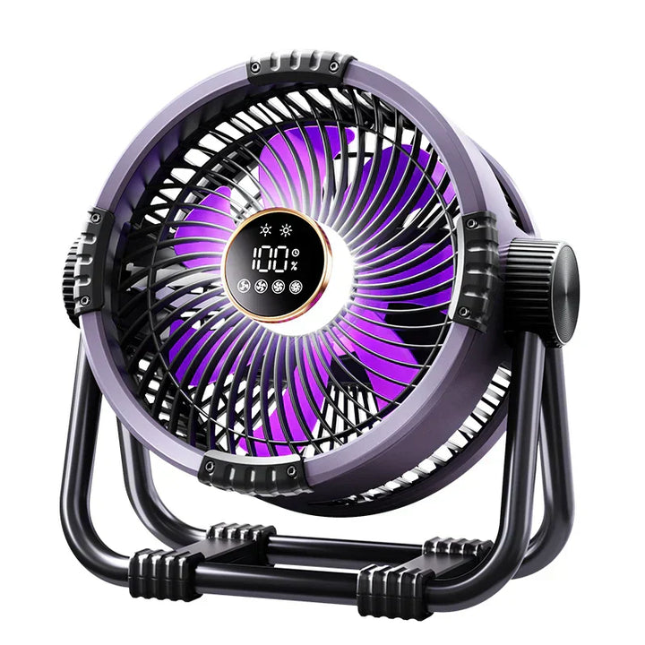 Portable WindMate camping fan with LED light and remote control, ideal for outdoor gear and tents