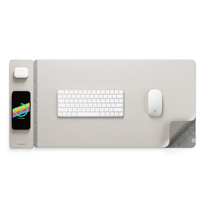 Premium reversible desk mat & wireless charger. Vegan leather & felt, stylish office organizer for all your tech.