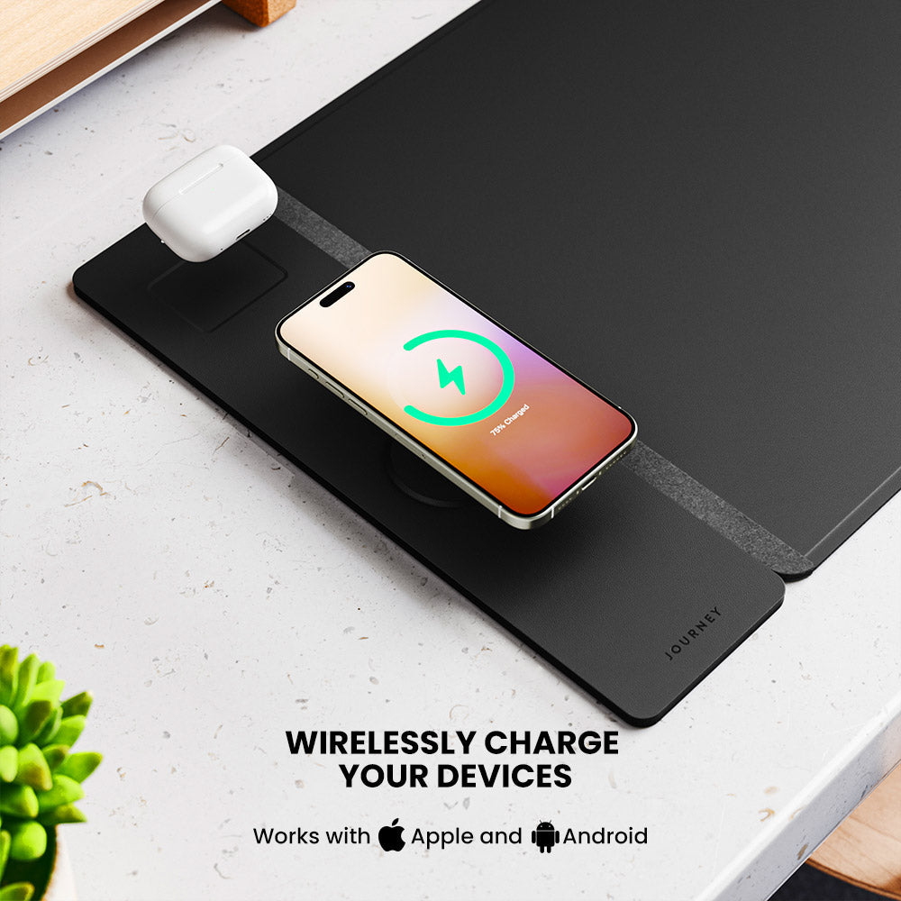 Unisex wireless charging desk mat. Reversible vegan leather & felt for tidy office, charges phones & earbuds.