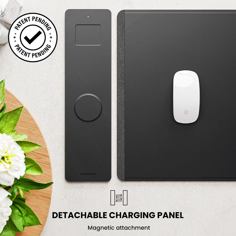 Sleek reversible desk mat with integrated wireless charger. Vegan leather & felt, modern tech gadget for workspace.