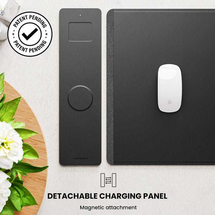 Sleek reversible desk mat with integrated wireless charger. Vegan leather & felt, modern tech gadget for workspace.