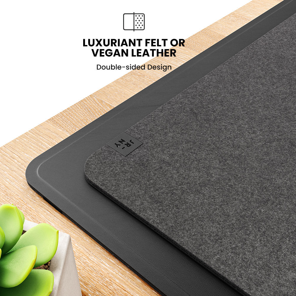 Office organizer desk mat featuring wireless smartphone & earbud charging. Reversible vegan leather & felt design.