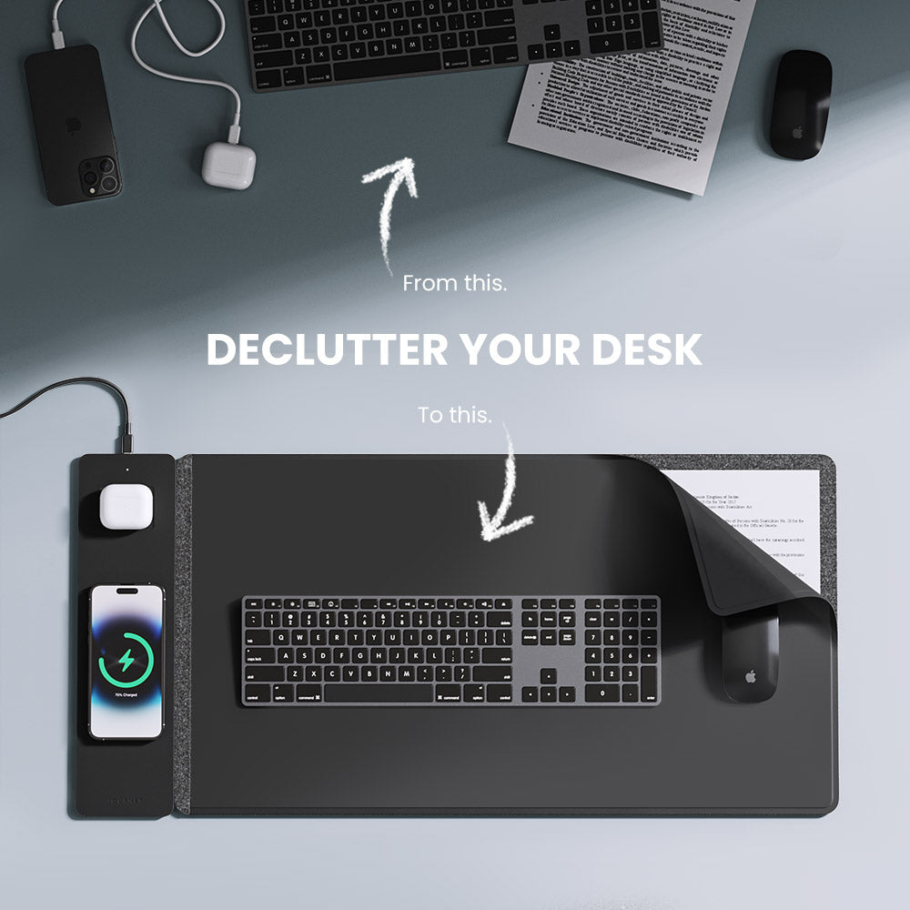 Streamline workspace: wireless charging desk mat. Reversible black vegan leather & grey felt. Powers phones & earbuds.