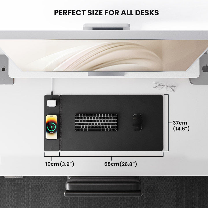 Unisex tech desk mat: wireless charger, office organizer. Reversible vegan leather & felt surface for smartphones.