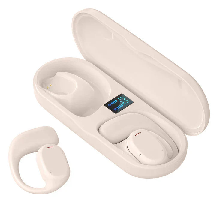 Lightweight open-ear wireless earbuds with comfort fit. Touch control & unisex design for active users.