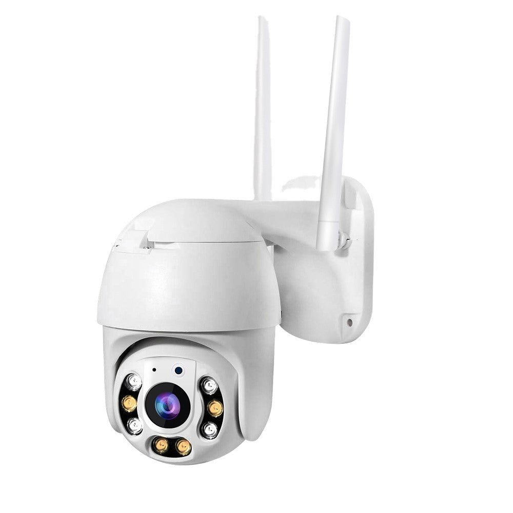 Wireless outdoor security camera with WiFi, full HD, motion detection, and two-way audio for smart home surveillance.