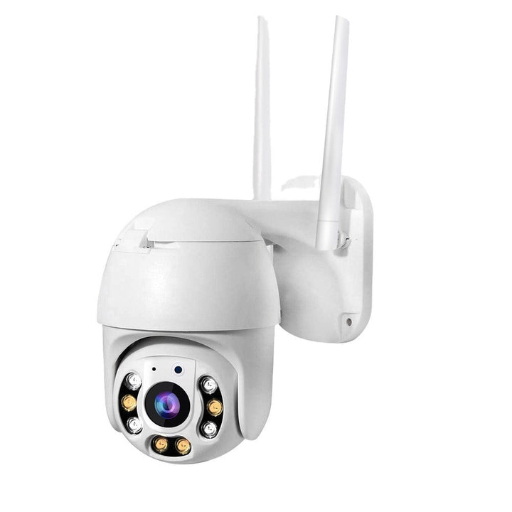 Wireless outdoor security camera with WiFi, full HD, motion detection, and two-way audio for smart home surveillance.