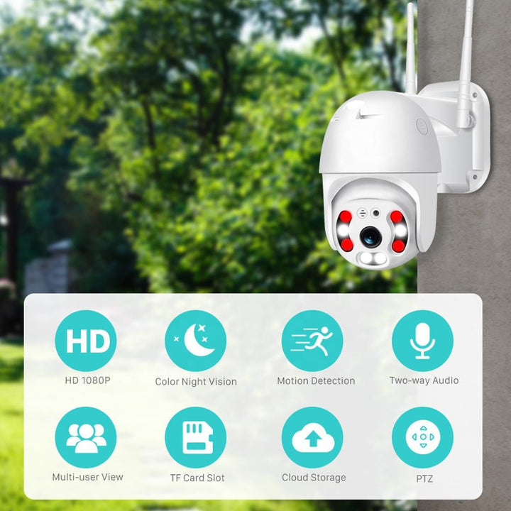 Easy-install wireless outdoor WiFi security camera, weatherproof for reliable home surveillance in any weather.