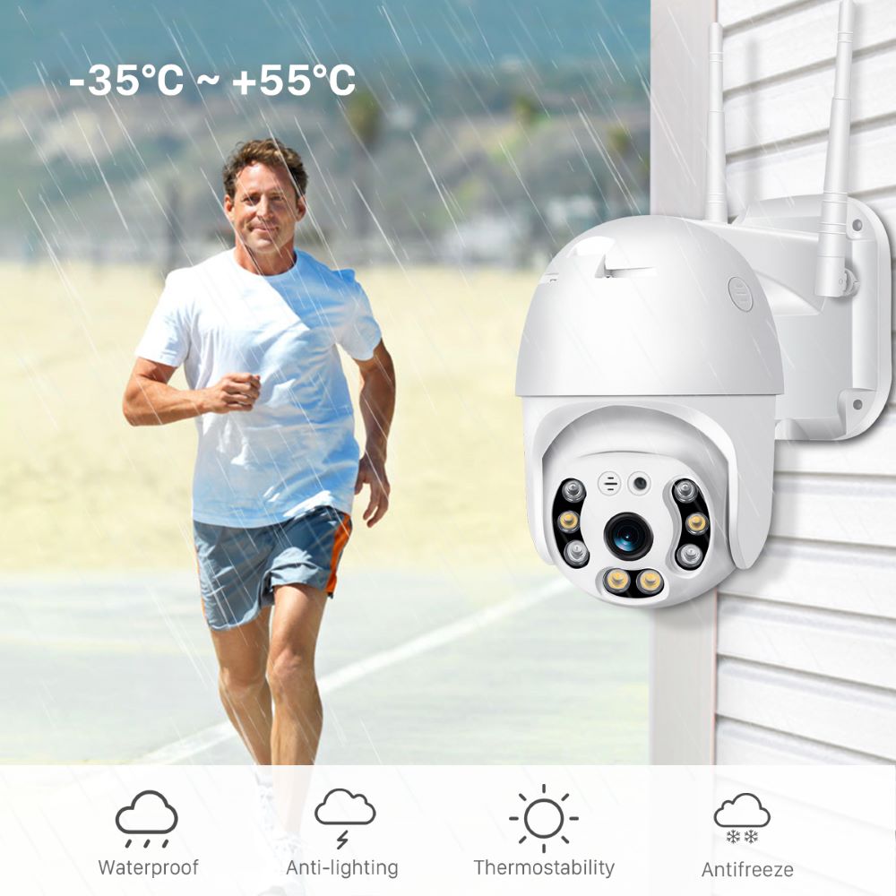 Full HD wireless outdoor security camera with night vision, motion detection for 24/7 home security monitoring.