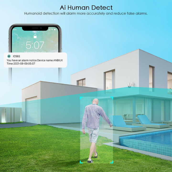 Wide-angle wireless outdoor security camera offers extensive coverage for smart home surveillance with WiFi.