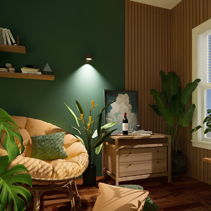 Dimmable wall lamp by LumoFlex, showcasing soft LED illumination in a dark room