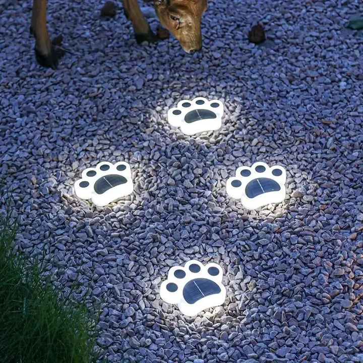Solar paw print LED pathway lights illuminate outdoor walkways. Wireless and automatic garden decor for your yard.