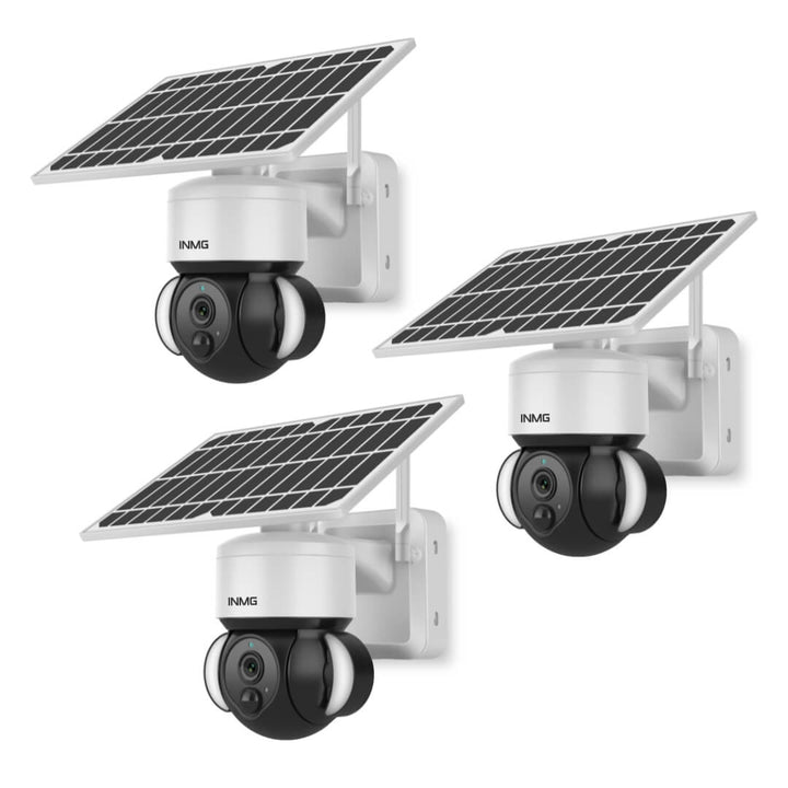 Motion-detecting wireless solar security camera with rotating dome for active outdoor surveillance.