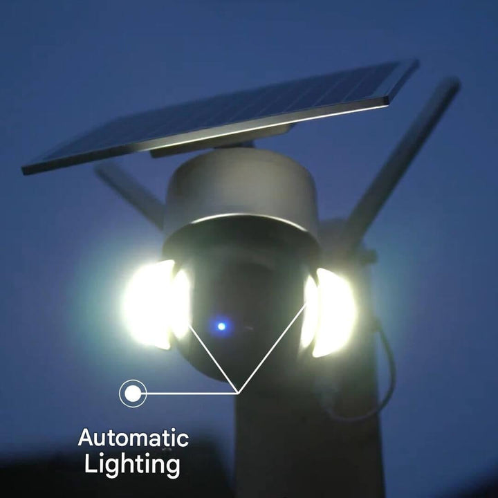 Rotating dome security camera, wireless, solar-powered, capturing wide outdoor home surveillance.