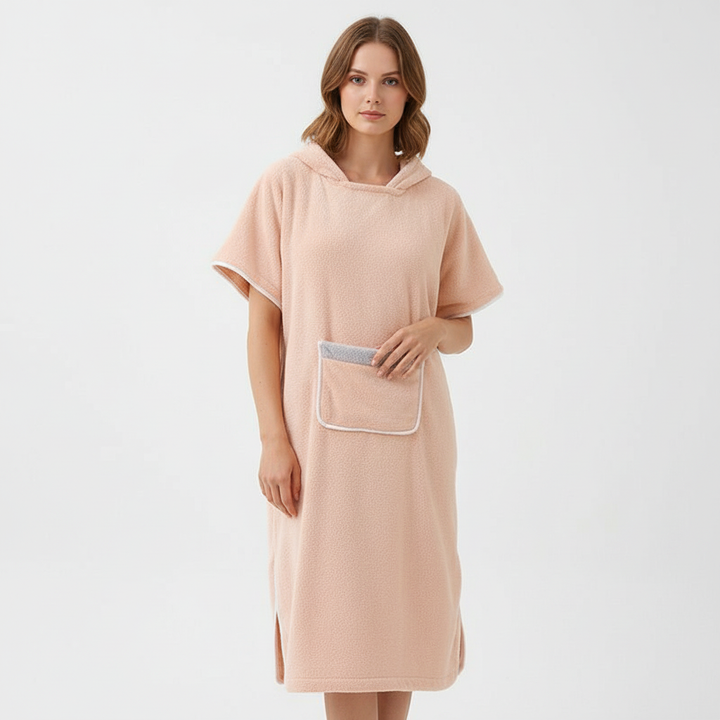 Women's quick-dry hooded poncho, suitable as a beach cover-up or cozy spa robe