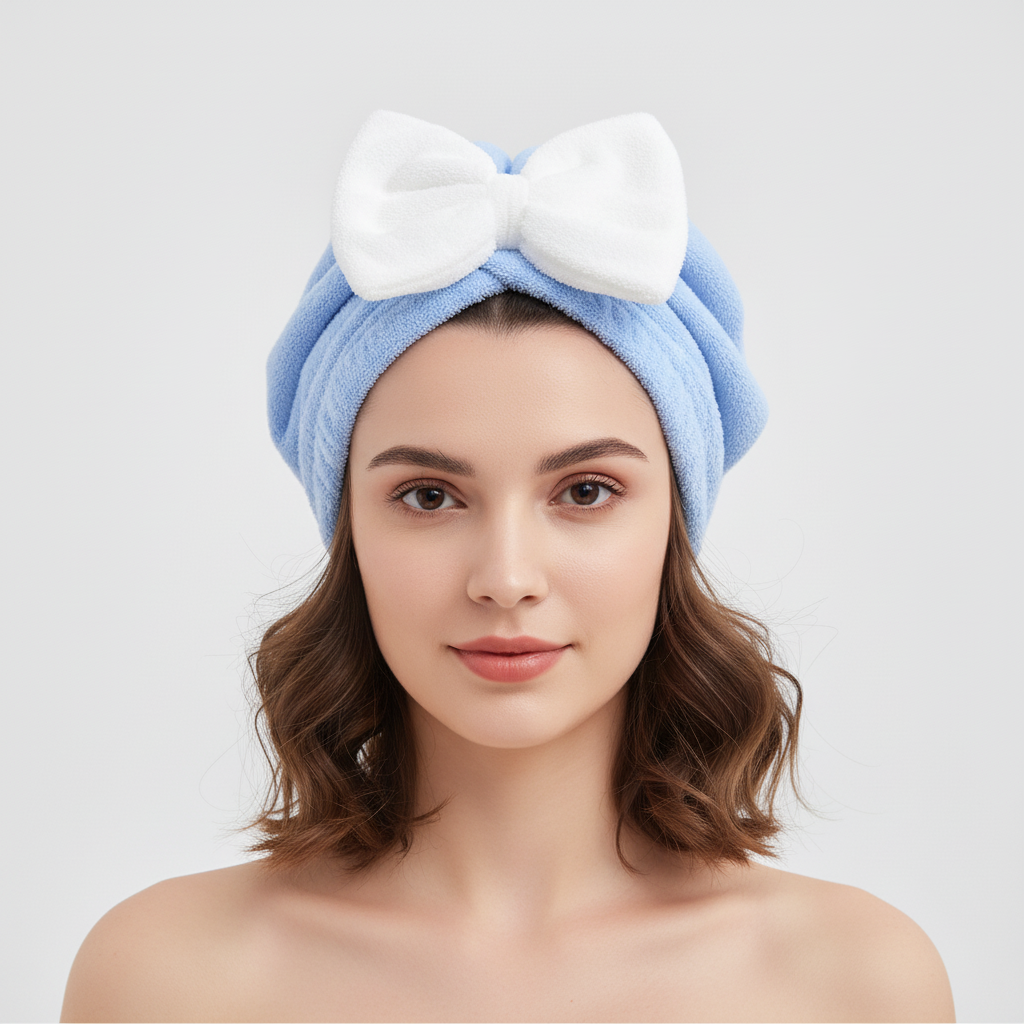 Microfiber hair drying towel wrap with a secure loop and button closure, perfect for all hair types.