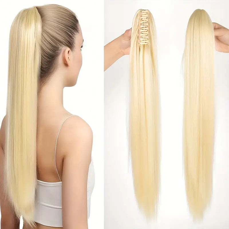 Long 21.7-inch synthetic ponytail hair extension, a clip-in accessory for women's instant hair volume.