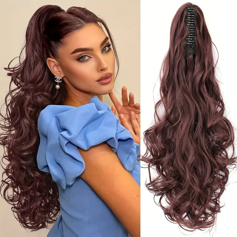 Wavy 21.7-inch synthetic ponytail extension for women, offering instant volume and a quick, long hair style.