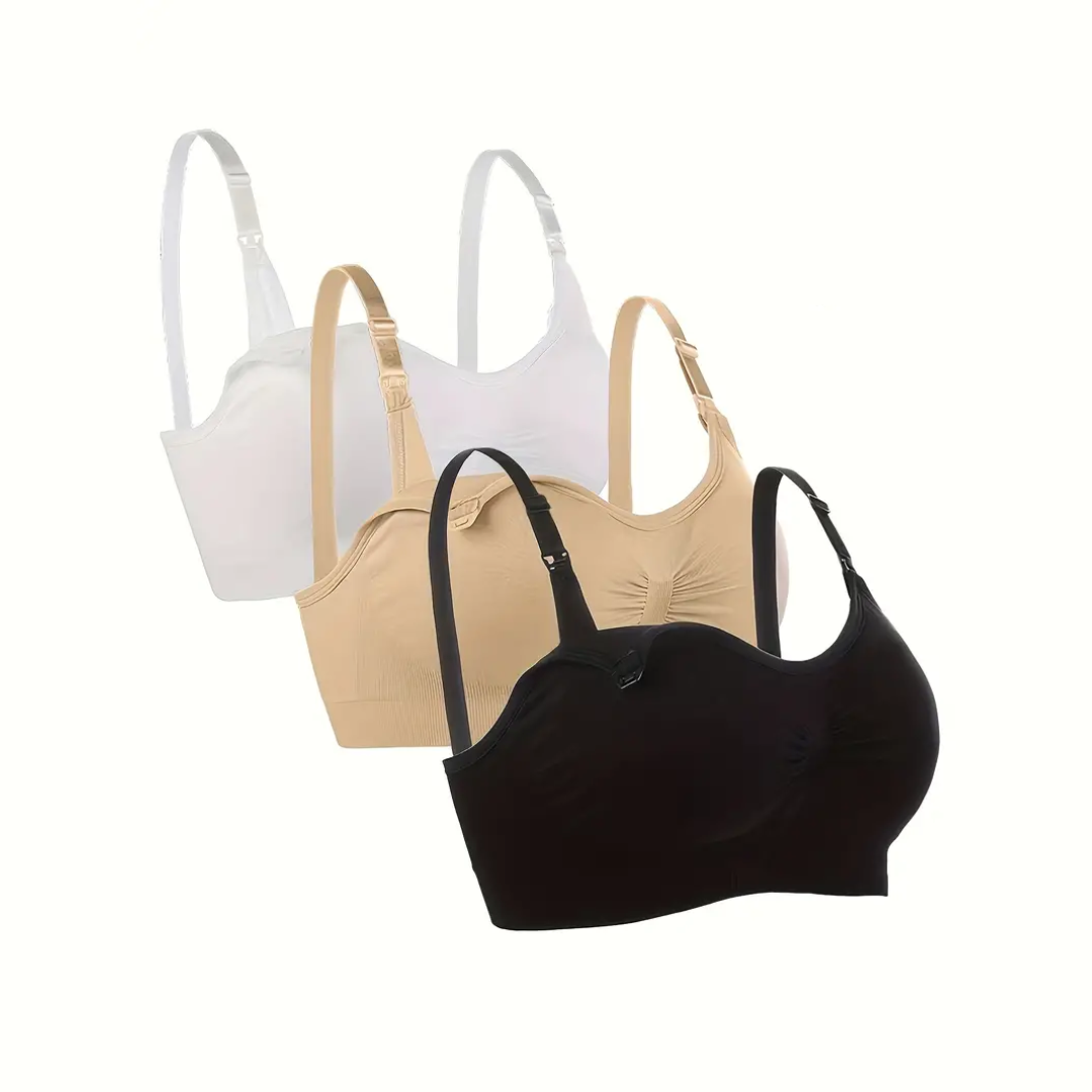 Essential 3-pack women's nursing bras for easy breastfeeding. Comfortable, soft, and supportive maternity wear.