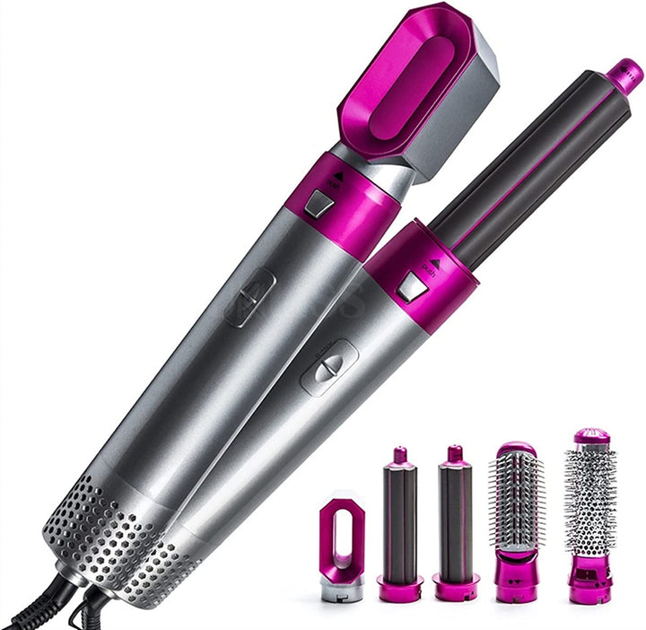 Women's 5-in-1 hot air styling brush by Aurevia for drying, curling, straightening, and volumizing hair.