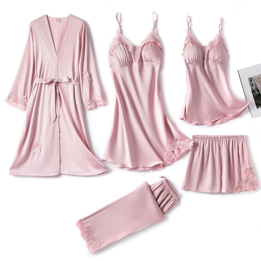 Comfortable and stylish women's 5-piece lace sleepwear set, designed for luxurious relaxation at home.