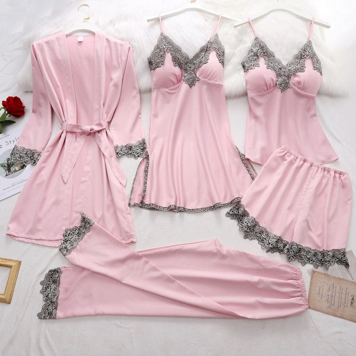Elegant women's satin lace eveningwear set, a luxurious 5-piece choice for special nights & comfortable lounging.