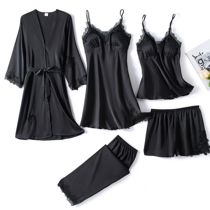Soft satin shorts with lace detail from women's 5-piece sleepwear set. Ideal for comfortable loungewear pajamas.