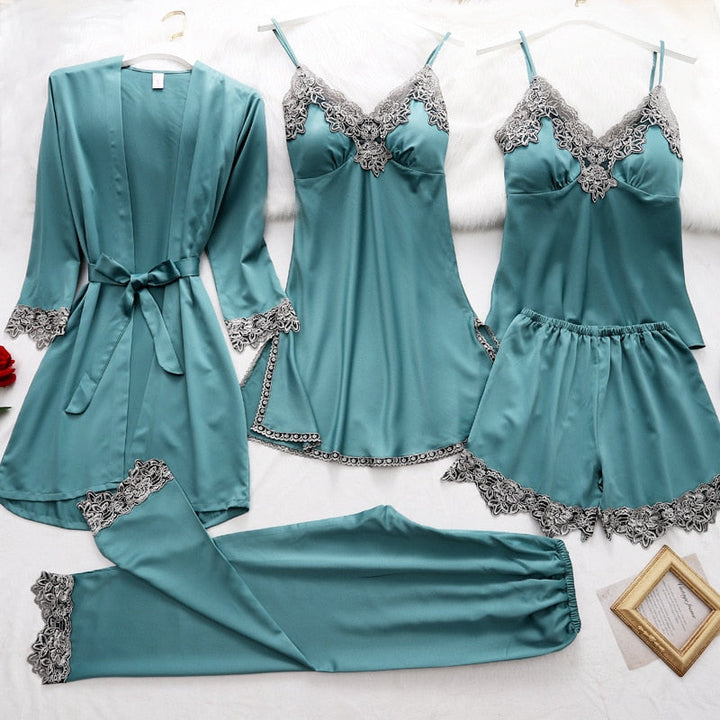 Beautifully packaged 5-piece satin lace sleepwear set, a perfect luxurious gift for women. Comfortable pajamas.