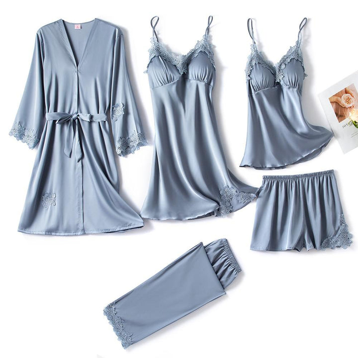 Full view of women's 5-piece satin night set with delicate lace. Luxurious pajamas & comfortable loungewear.