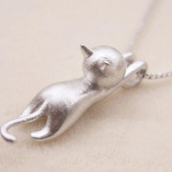 Women's 925 sterling silver playful cat pendant necklace, a charming kitty design for elegant everyday wear.