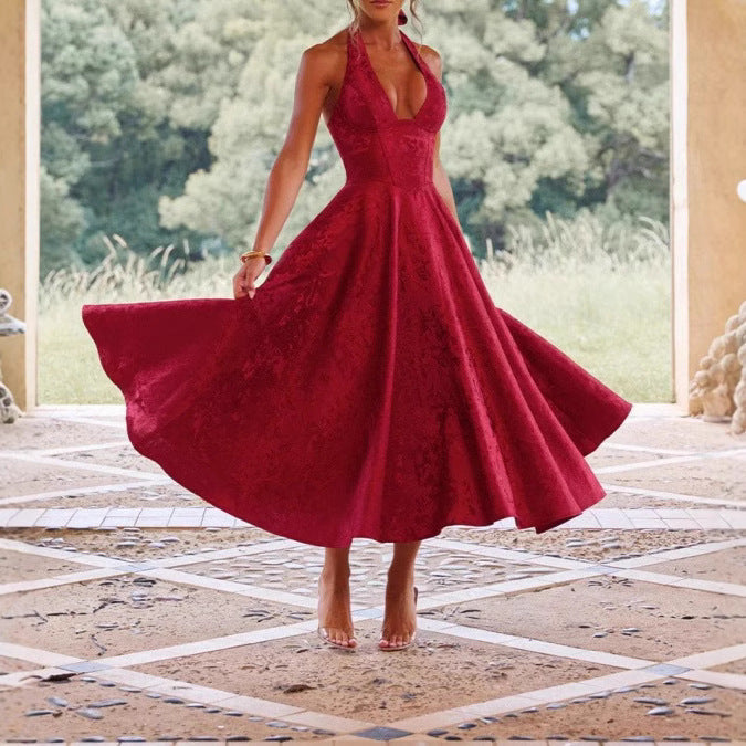 Women's A-Line Cocktail Dress with deep V-neck, perfect for parties and special occasions.
