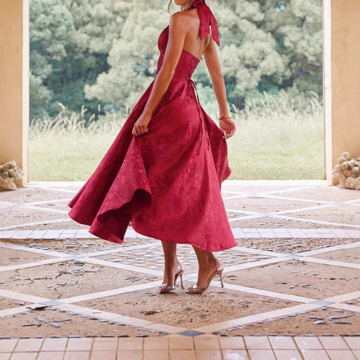 Elegant A-Line party dress for women featuring a stylish deep V-neck, ideal for evening events.