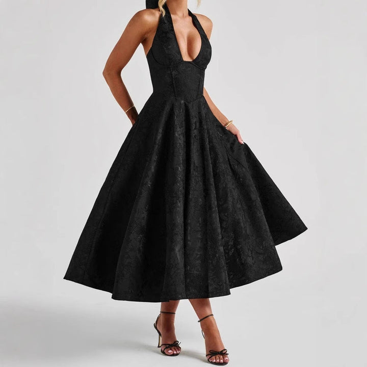 Sleeveless A-Line women's cocktail dress with a deep V-neck and knee-length hem, suitable for summer.