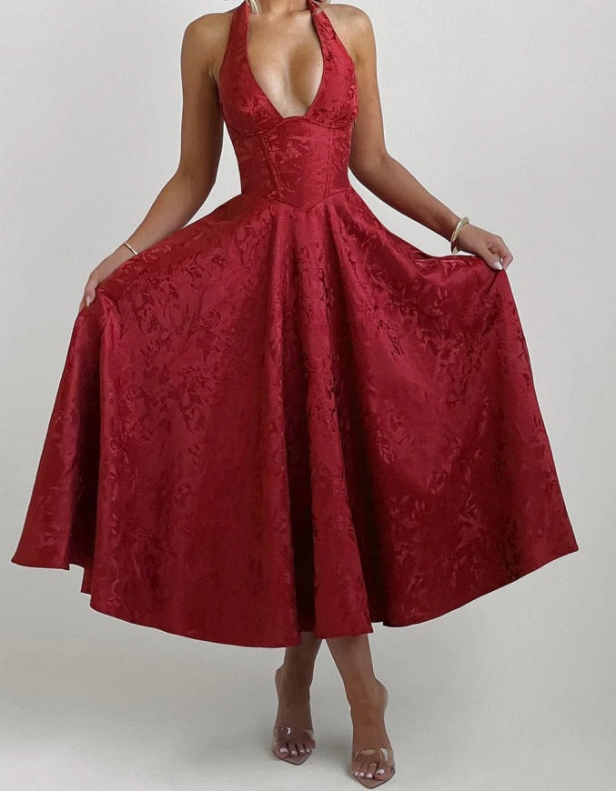Modern deep V-neck A-Line women's dress, an elegant and formal option for any special occasion or party.