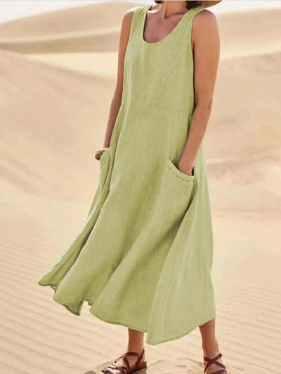 Simple yet stylish women's linen A-line dress, featuring a comfortable relaxed fit and essential pockets for casual days.