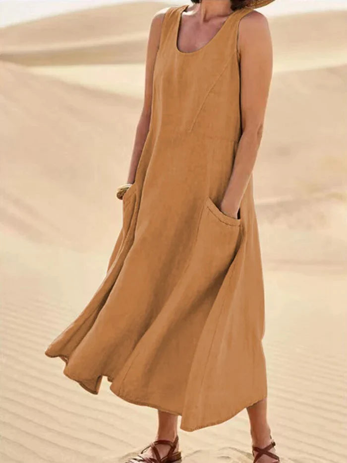 Versatile women's A-line linen pocket dress, a comfortable midi length for relaxed fit, chic style, suitable all season.