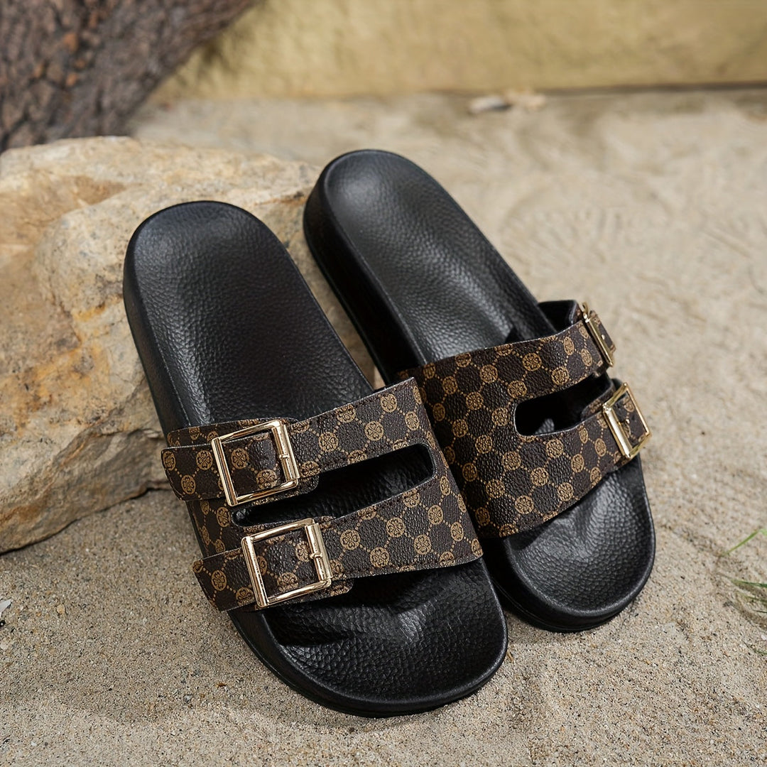 Versatile women's summer sandals, Noëla model, with adjustable straps and a chic black-brown pattern.
