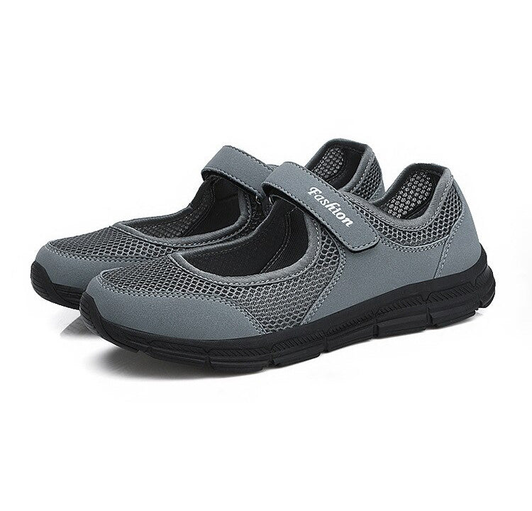 Close-up of the breathable mesh upper on AirFlow women's slip-on shoes, ensuring cool and lasting comfort.