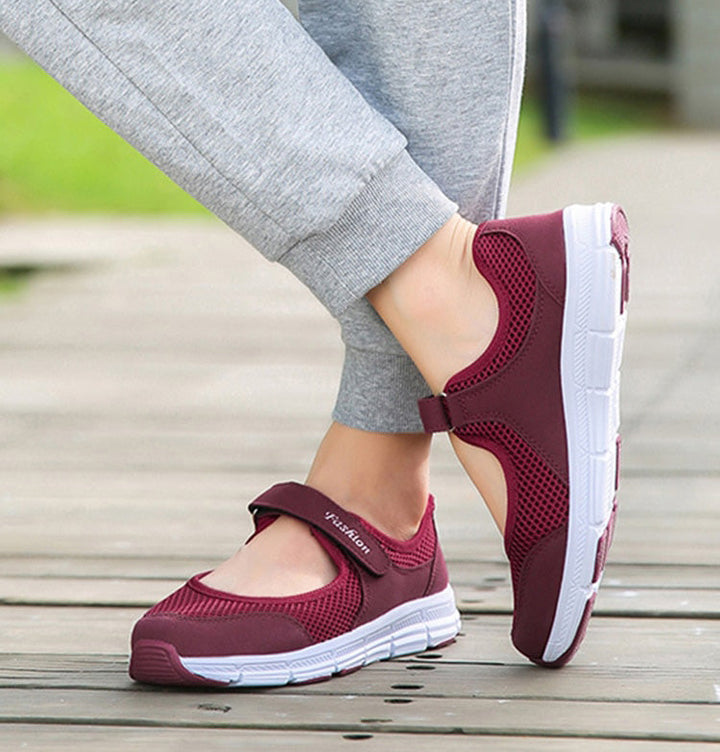 Side profile of AirFlow women's lightweight slip-on shoes, highlighting the breathable mesh for active wear.