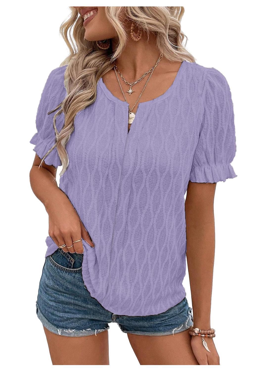 Soft, airy fabric of the women's puff sleeve blouse with lace, great for comfortable summer casual wear.