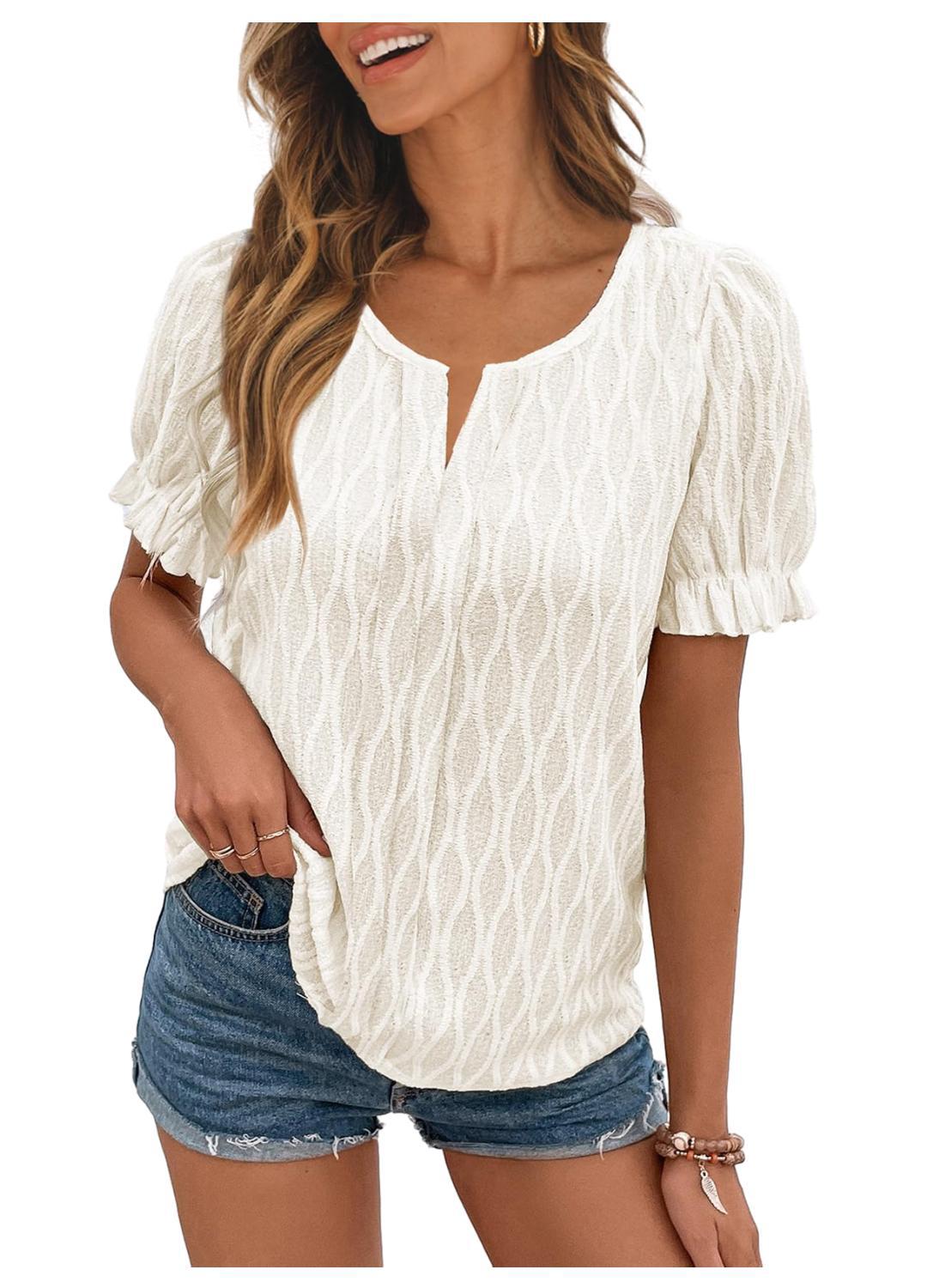 Elegant women's puff sleeve blouse, suitable for office wear, featuring delicate lace & short sleeves.