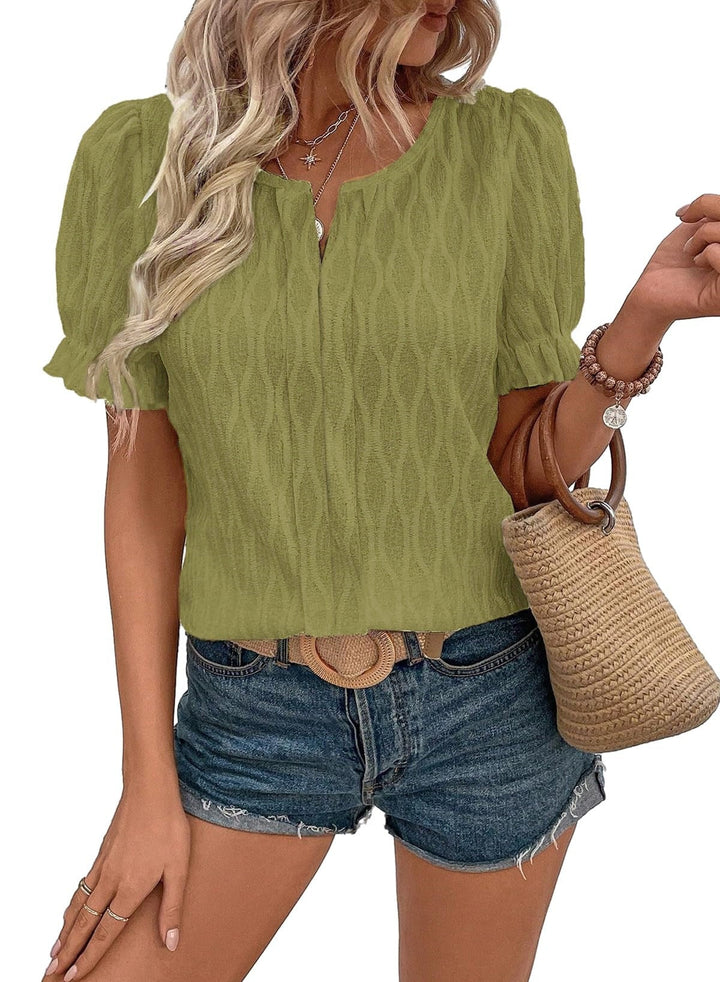 Round neckline of the women's lace accent puff sleeve blouse, a classic design for any season.