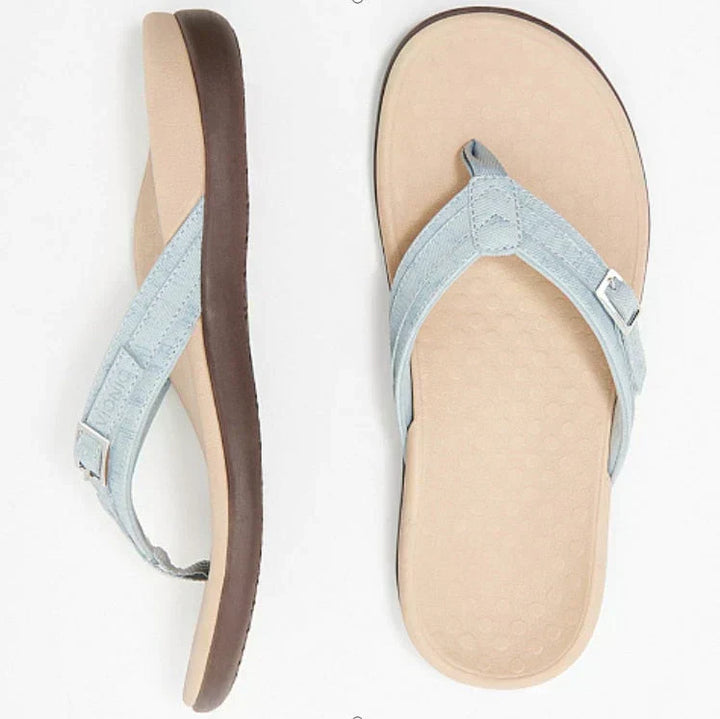 Close-up of comfortable women's orthopedic sandal, highlighting arch support & durable design.