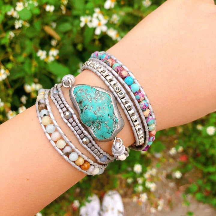 Handmade boho spiritual healing turquoise and gemstone wrap bracelet for women