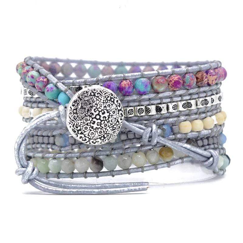 Bohemian women's wrap bracelet made with turquoise, amazonite, and imperial jasper