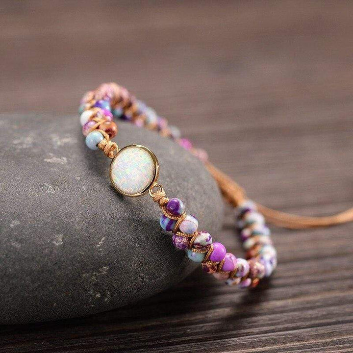 Stylish women's yoga bracelet with amethyst, opal, and bohemian details, a healing stones armband