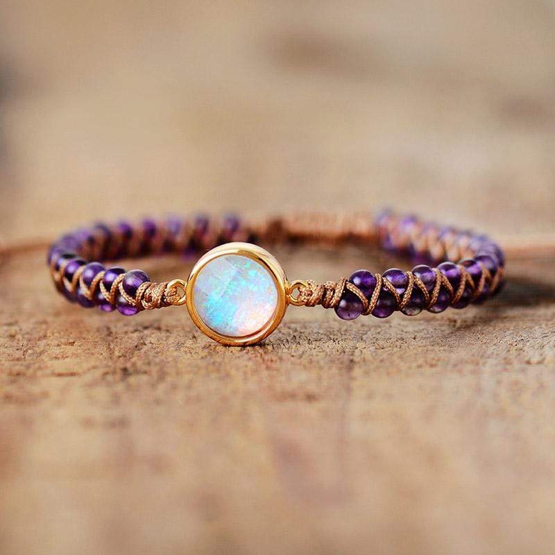 Detailed view of a women's boho yoga bracelet, showcasing natural amethyst and luminous opal beads