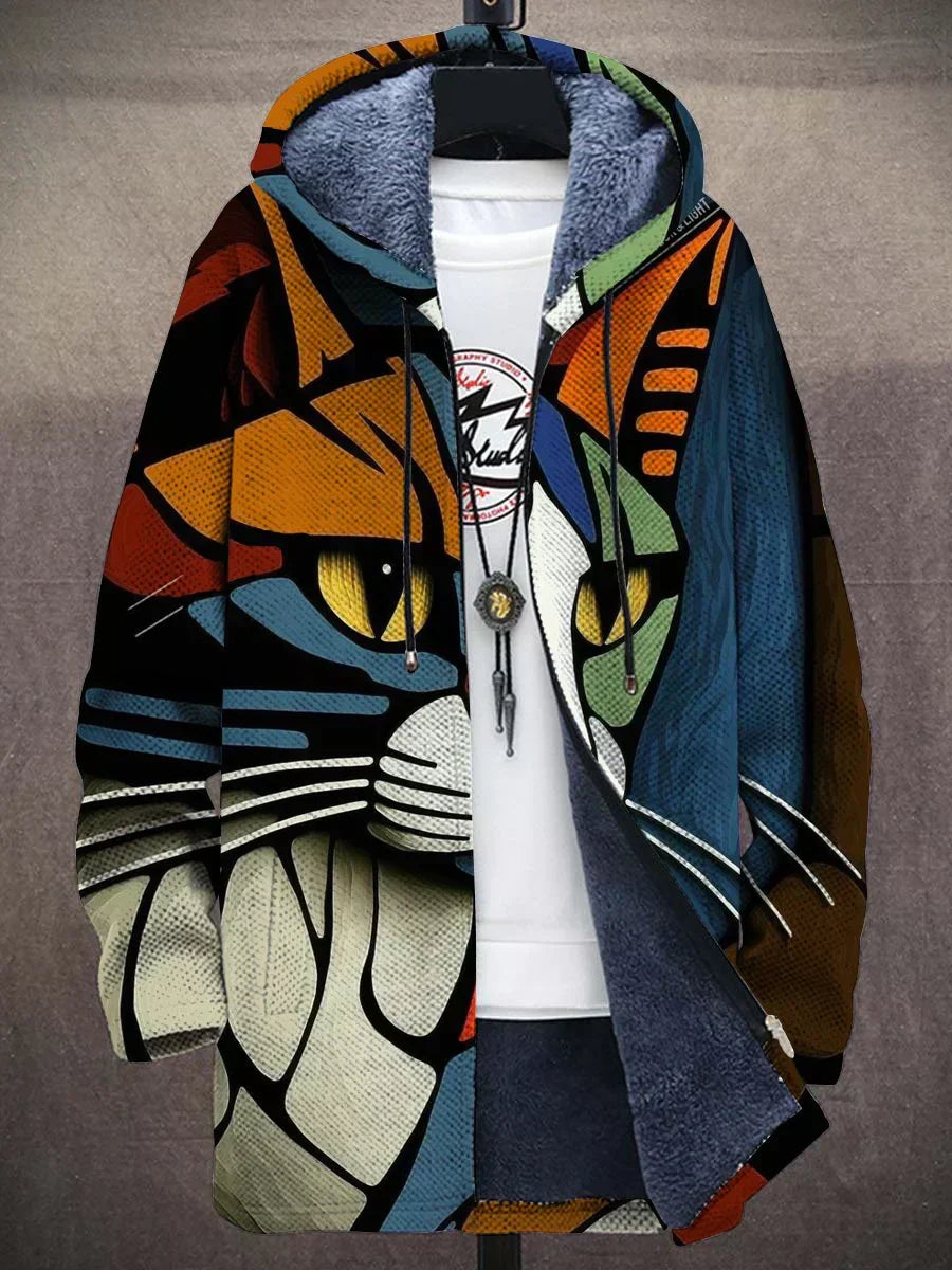 Women's artistic print statement coat, featuring a unique, vibrant design for trendy fashion outerwear.