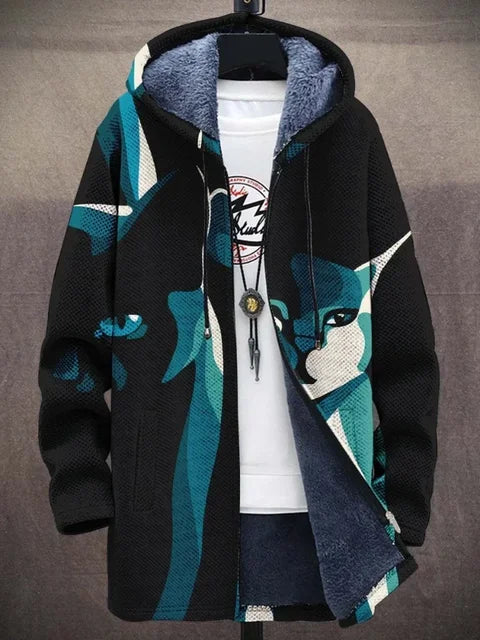 Trendy women's artistic print coat, a fashionable long outerwear piece with a distinctive pattern.