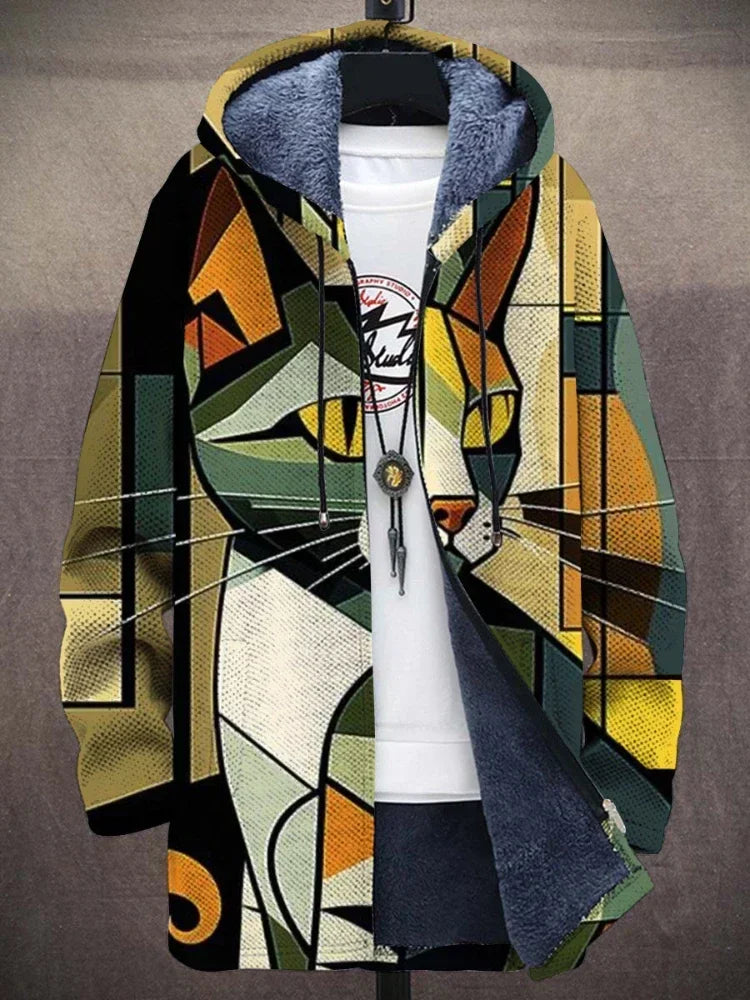 Unique women's winter coat featuring a vibrant artistic print, a comfortable and stylish statement jacket.